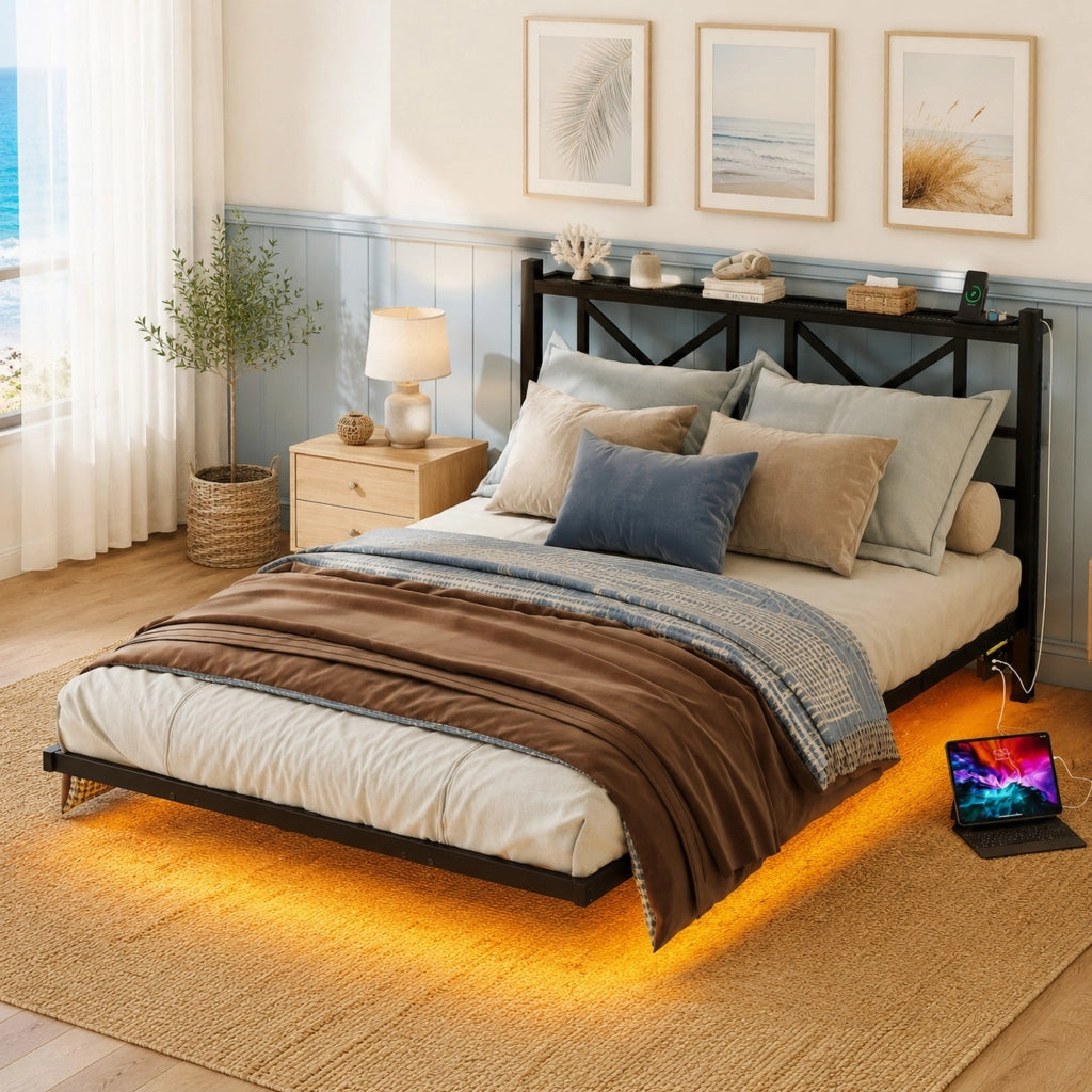Letto matrimoniale 140x200 cm sospeso con LED e ricarica USB