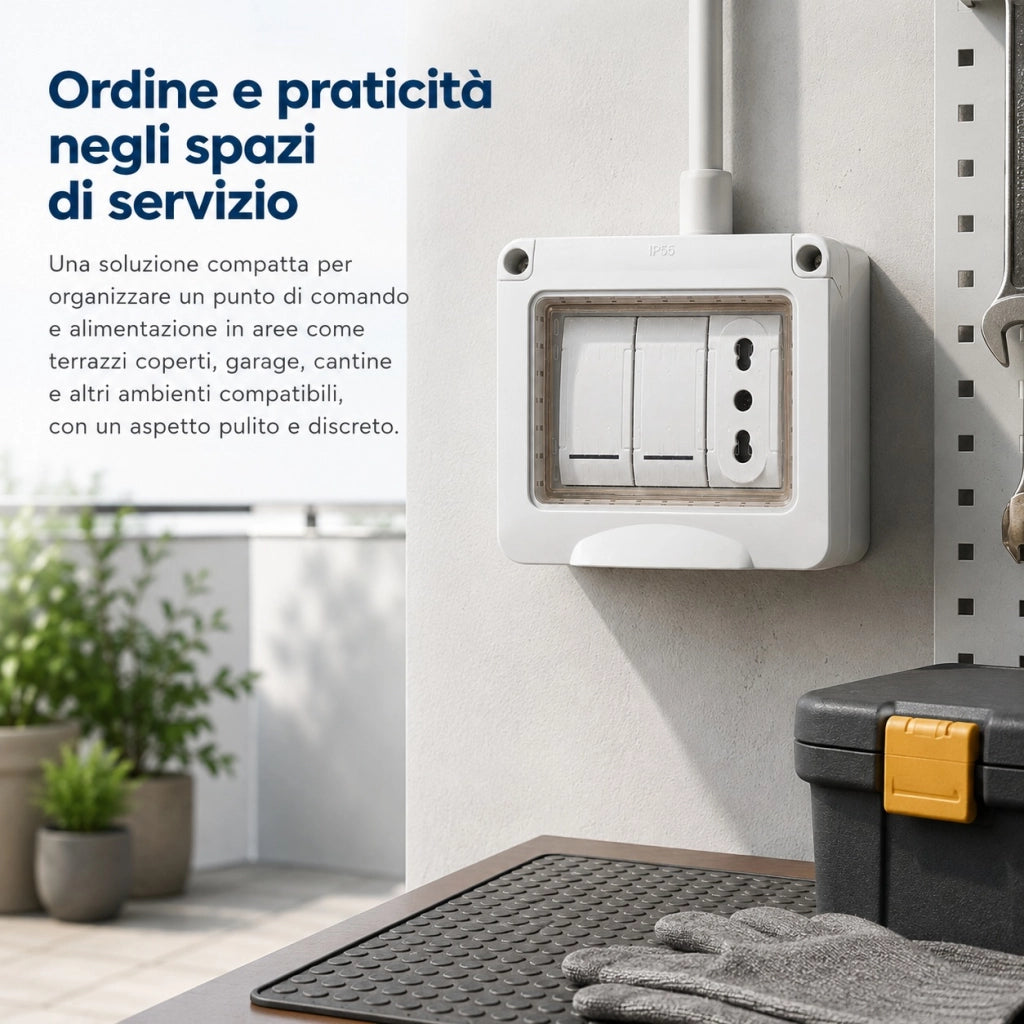Cassetta Elettrica Esterno IP55 con Presa Italiana e 2 Interruttori