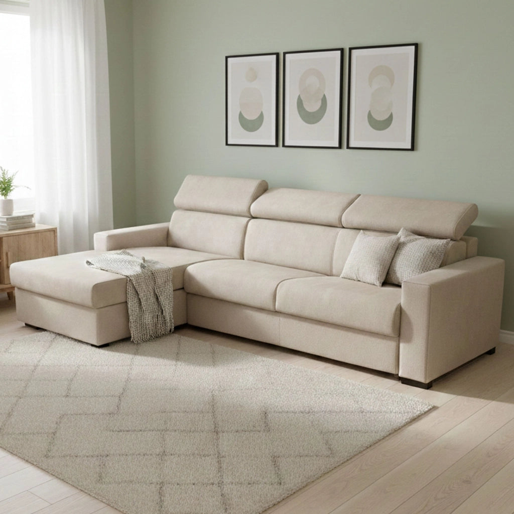 Aloet, Divano Letto con Penisola Sfoderabile Made in Italy, 260x95 cm Beige