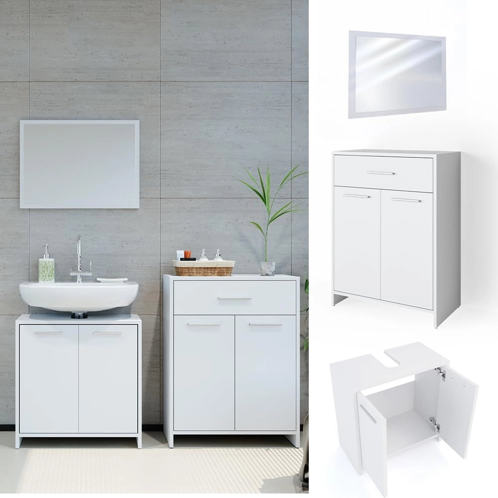 Set mobili bagno Kiko, Bianco, 58 cm, composto da mobile sottolavabo, specchiera e mobile medio