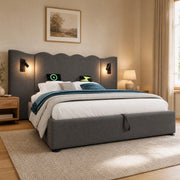 Letto matrimoniale 180x200 in lino grigio con testiera ondulata, lampada da lettura, ricarica USB e spazio contenitore