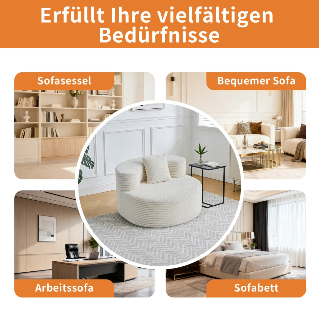 Fauteuil pouf in velluto a coste senza montaggio con cuscino, facile da pulire per salotto e camera beige