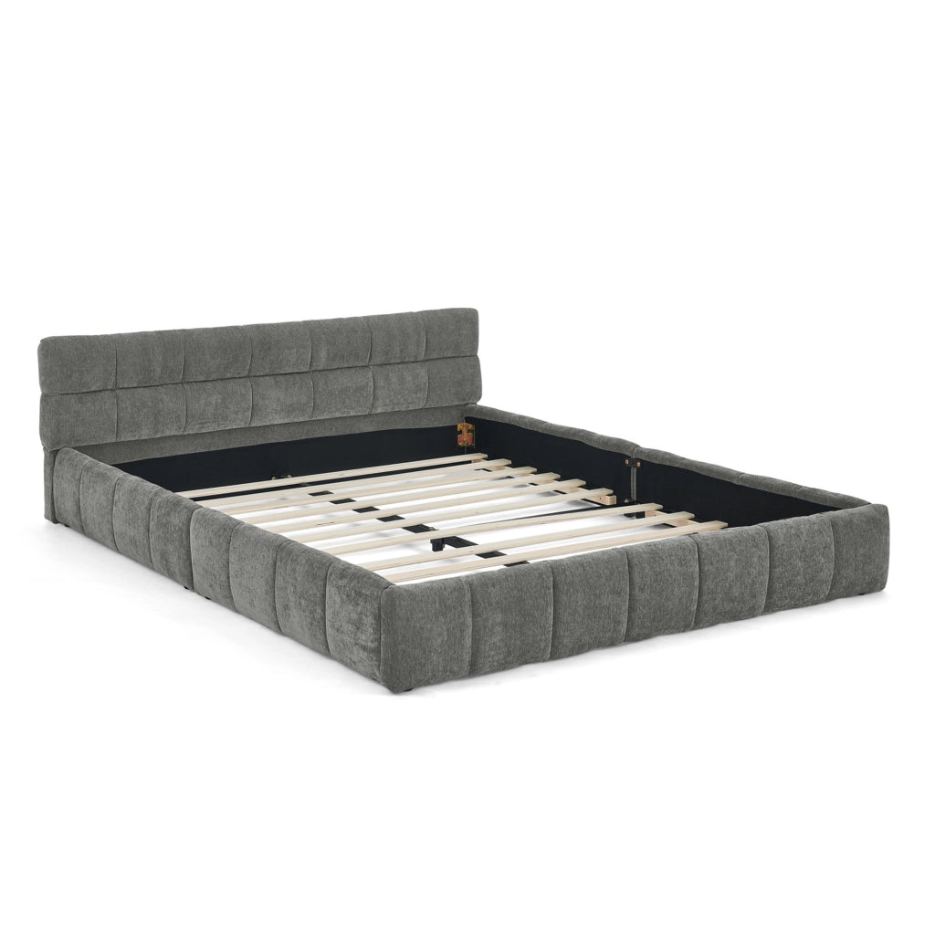 Letto matrimoniale 140x200 cm in chenille Dark Gray con struttura in eucalipto e ferro