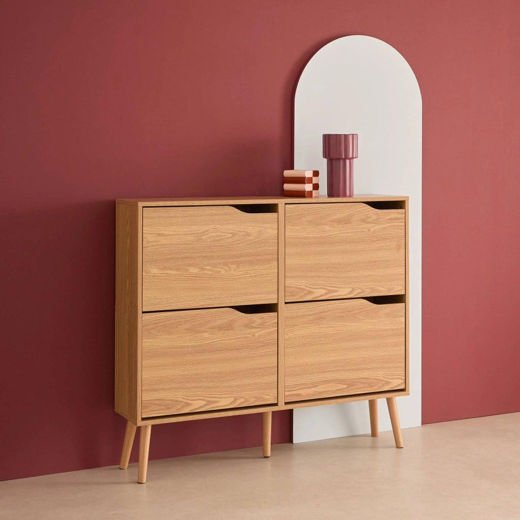 Scarpiera con decoro effetto legno, 4 ante, marrone naturale