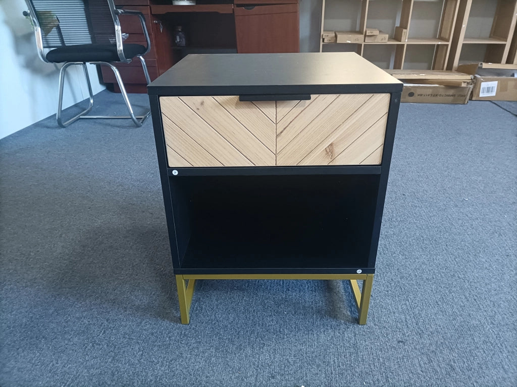 Comodino moderno con cassetto e vano aperto, 43 x 40 x 55 cm, MDF, nero e naturale, 1 pezzo
