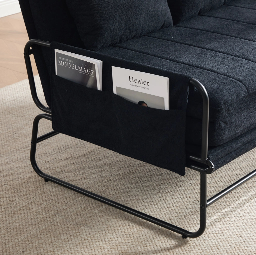Divano letto 2 posti 104x85x92 cm nero in ciniglia, metallo e tasche laterali