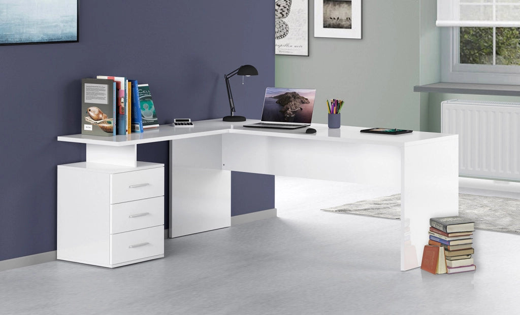 Scrivania Angolare 180/160x60x75cm cm New Selina Bianco Lucido e Ardesia
