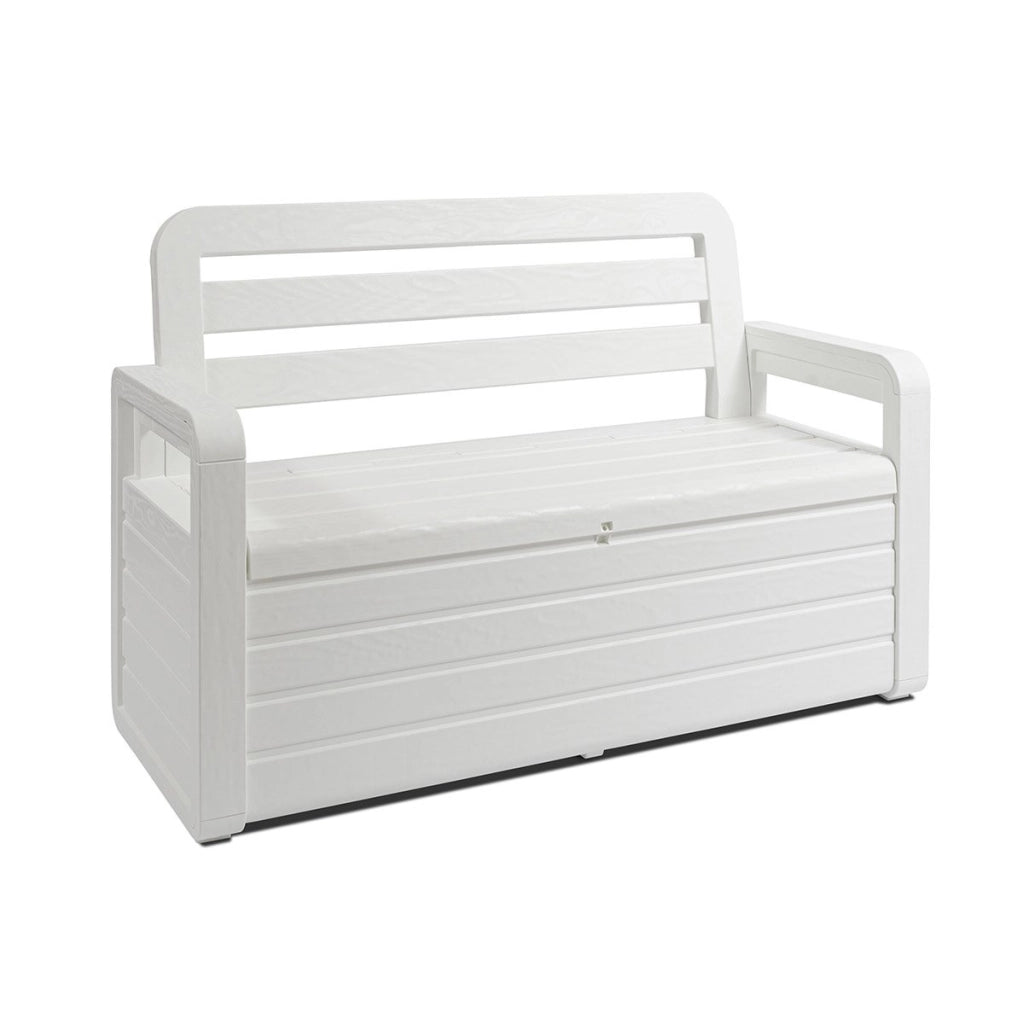 PANCHINA FOREVERSPRING DA ESTERNO CON BAULE Panchina da esterno Foreverspring con baule portaoggetti 270 litri effetto legno colore bianco Toomax.599P  cm.132,5x58x89h., bianca    TOOMAX