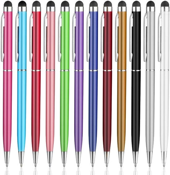 Stilo a doppia funzione 12 pezzi - Stilografiche e pennarelli a punta di silicio - Punta precisa - Materiale resistente in plastica/aluminium - Adatto per schermi touch - Dimensioni 13,6 x 0,75 cm - Penna per schermi touch