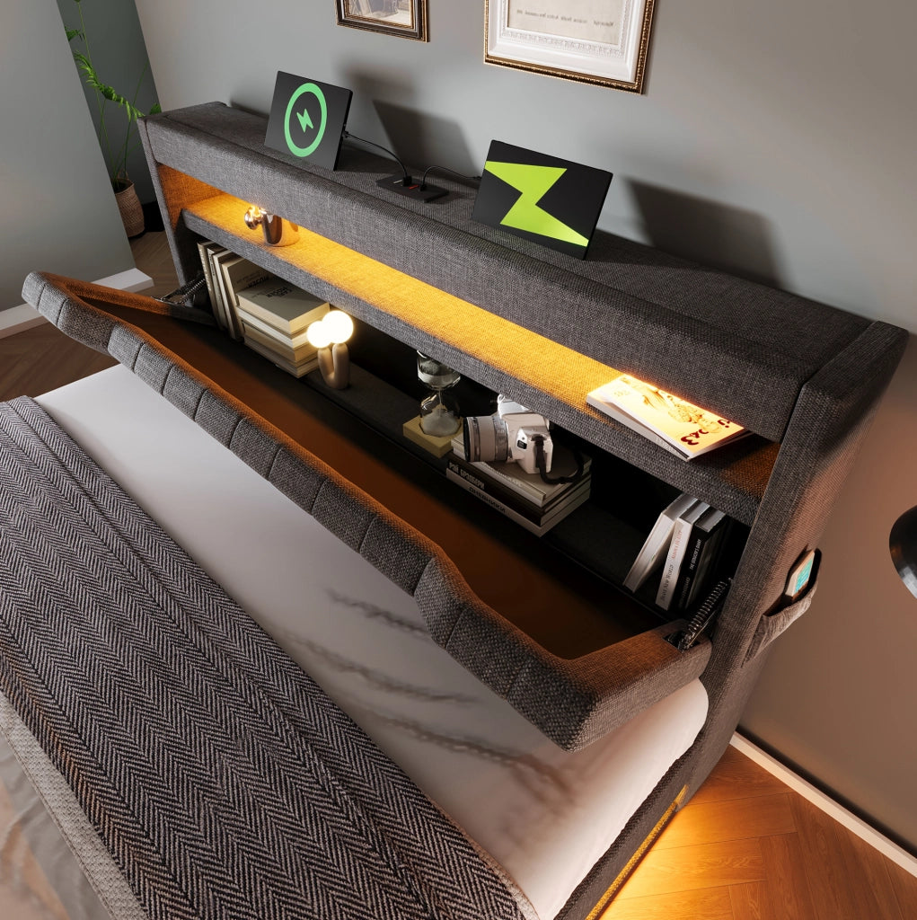Letto imbottito 140x190 cm grigio con LED, ricarica USB-C e contenitore idraulico