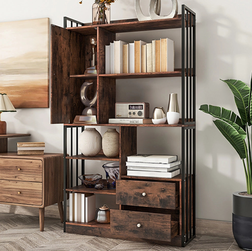 Libreria industriale 100x30x173;5 cm con ante e cassetti; effetto legno marrone nero