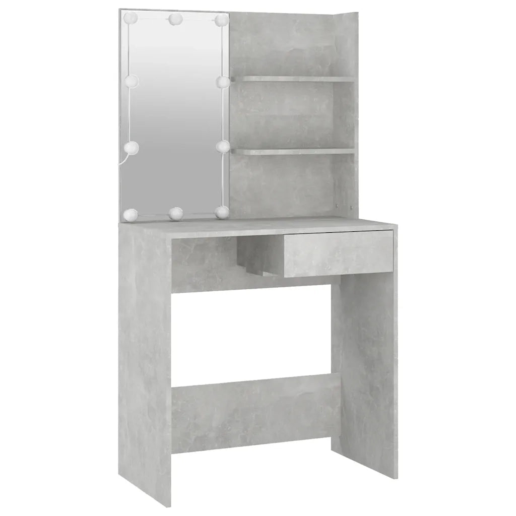 Set Tavolo da Toeletta | Tavolo da Trucco Grigio Cemento con LED Legno Multistrato