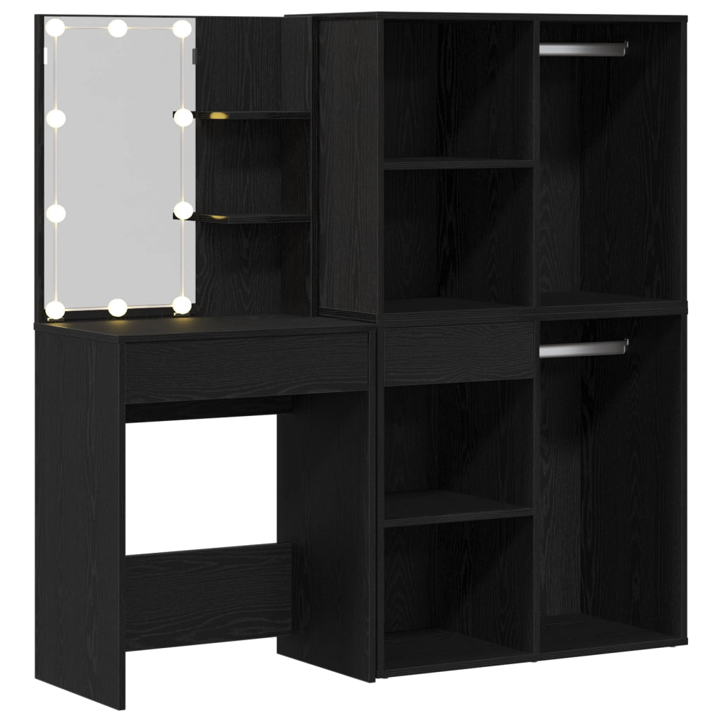 Tavolo da trucco LED con 2 armadietti in rovere nero in legno ingegnerizzato