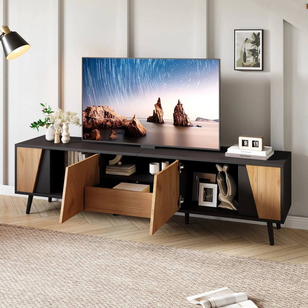 OKWISH Mobile TV con 2 Ante, 1 Cassetto e 1 Vano Aperto, per Soggiorno, 180 x 40 x 46 cm, Nero e Naturale