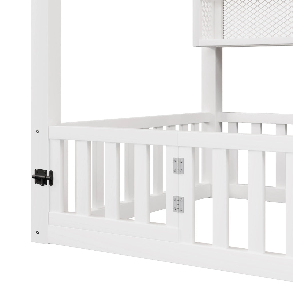 Letto a casetta a piattaforma 90x200 in metallo bianco con LED e sponda di sicurezza