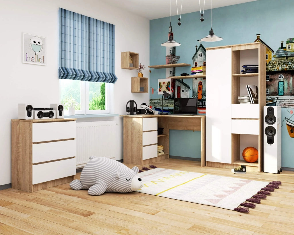 Scrivania angolare AKORD B16 Sonoma Quercia 124 cm 3 cassetti inserto frontale Bianco 124x85x77 cm Modello a sinistra
