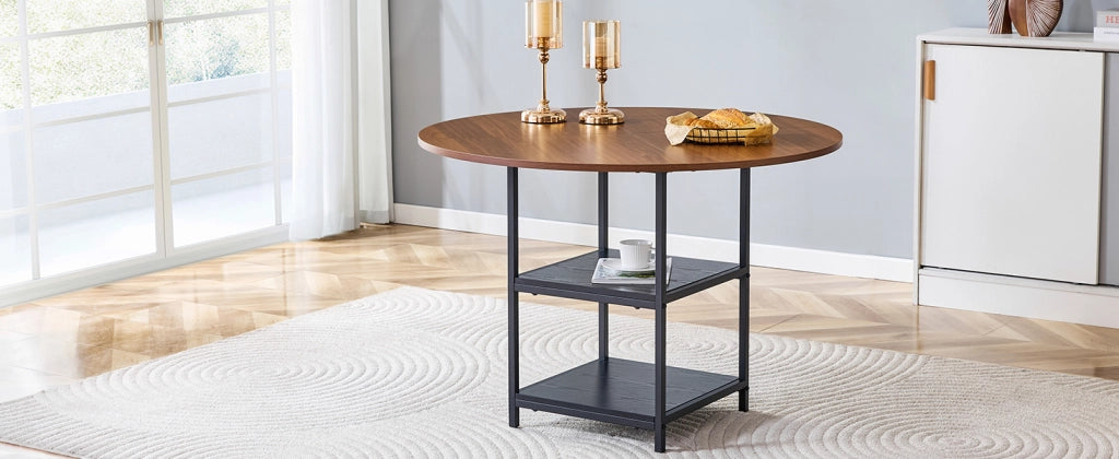 Tavolo da pranzo - doppio ripiano - effetto noce - MDF+metallo - Ø107 cm - per 2-4 persone - stile europeo