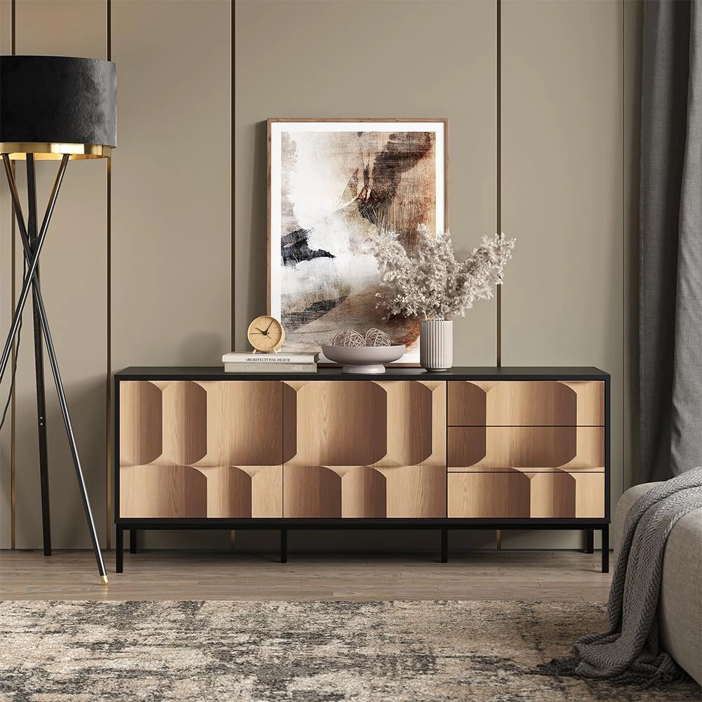 Lowboard Eliza, Nero/quercia, 150 x 60 cm con 3 cassetti, utilizzabile come supporto TV e per la conservazione