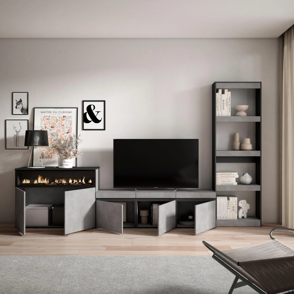 Mobile TV, Soggiorno, 310x35x186cm, Per TV fino a 65", Camino elettrico, grigio cemento RF3167