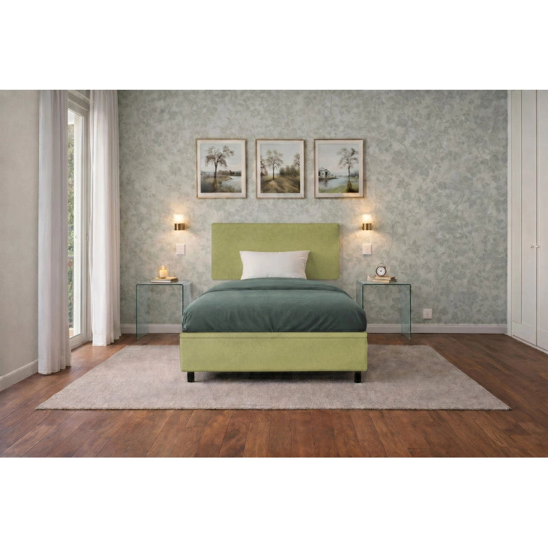 Letto imbottito Singolo 80x200 cm Flat - Contenitore,Microfibra,Tè verde