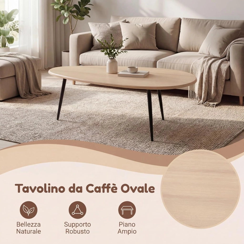Tavolino da Caffè Mid-Century Moderno, Tavolino d'Accento Ovale Irregolare con Gambe in Metallo, Tavolino Compatto per Soggiorno, Ufficio Domestico, Angolo Lettura, Facile da Montare (Naturale)