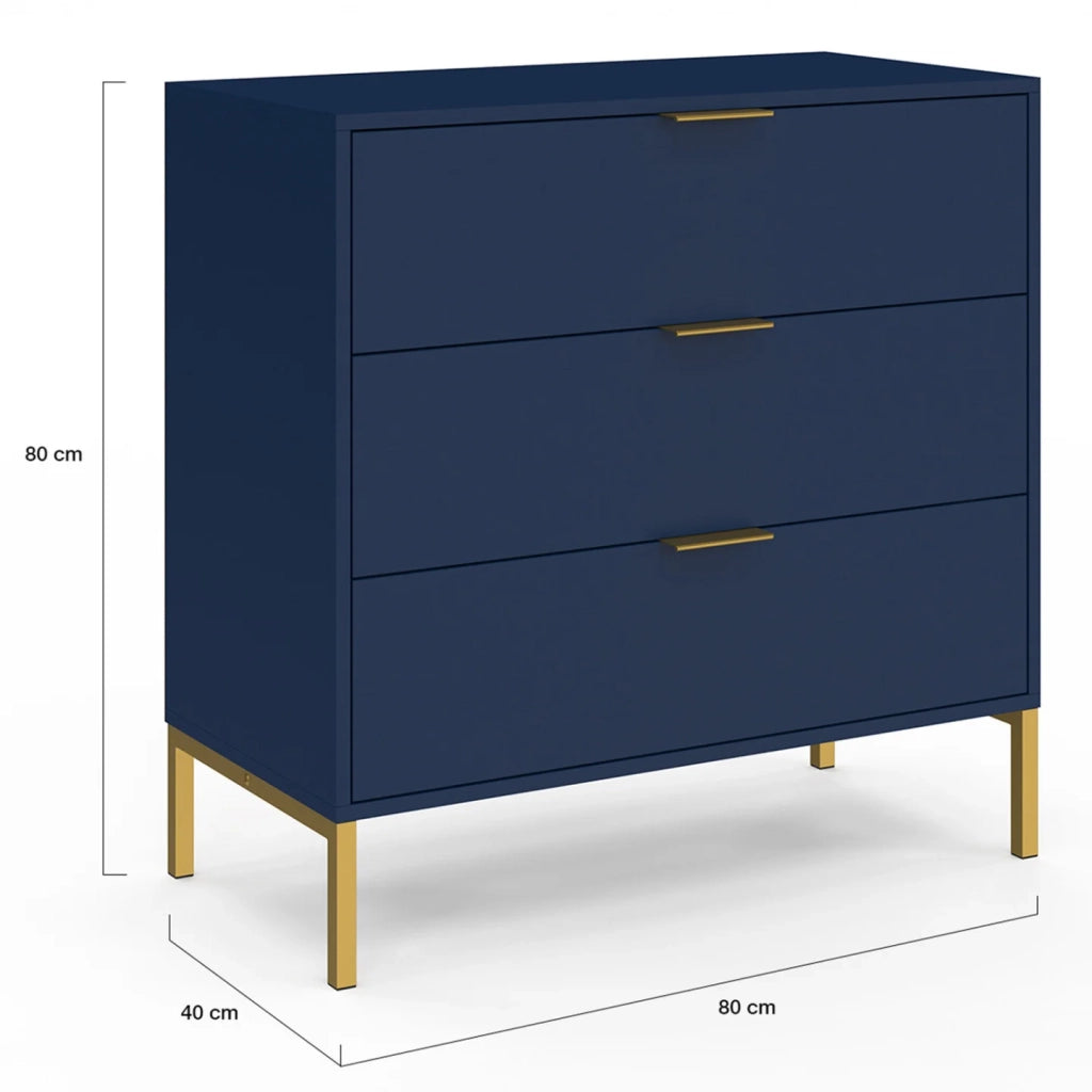 IDMarket - Cassettiera a 3 cassetti BLENIA 80 cm in blu notte con finitura oro