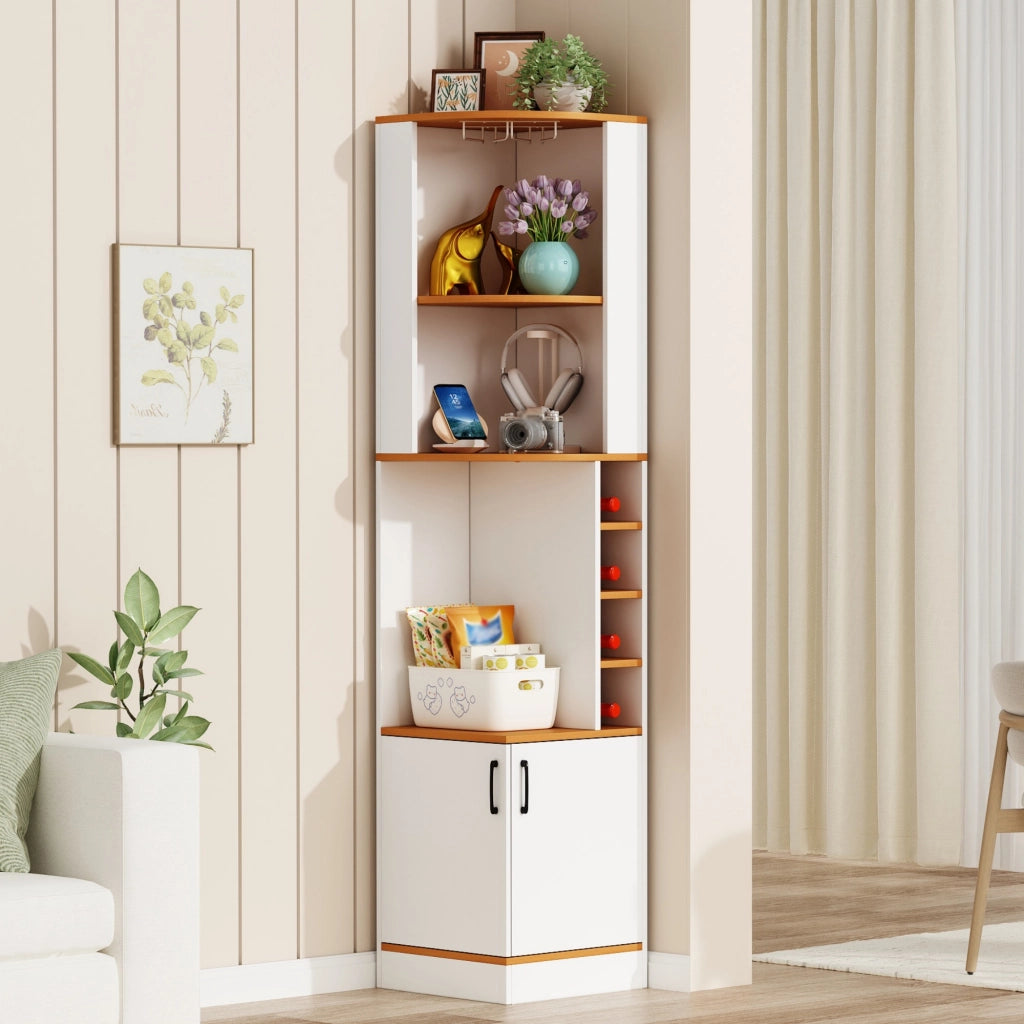 Credenza angolare salvaspazio 40x40x182 cm con portabicchieri, vani per vino e mobiletto chiuso, bianco