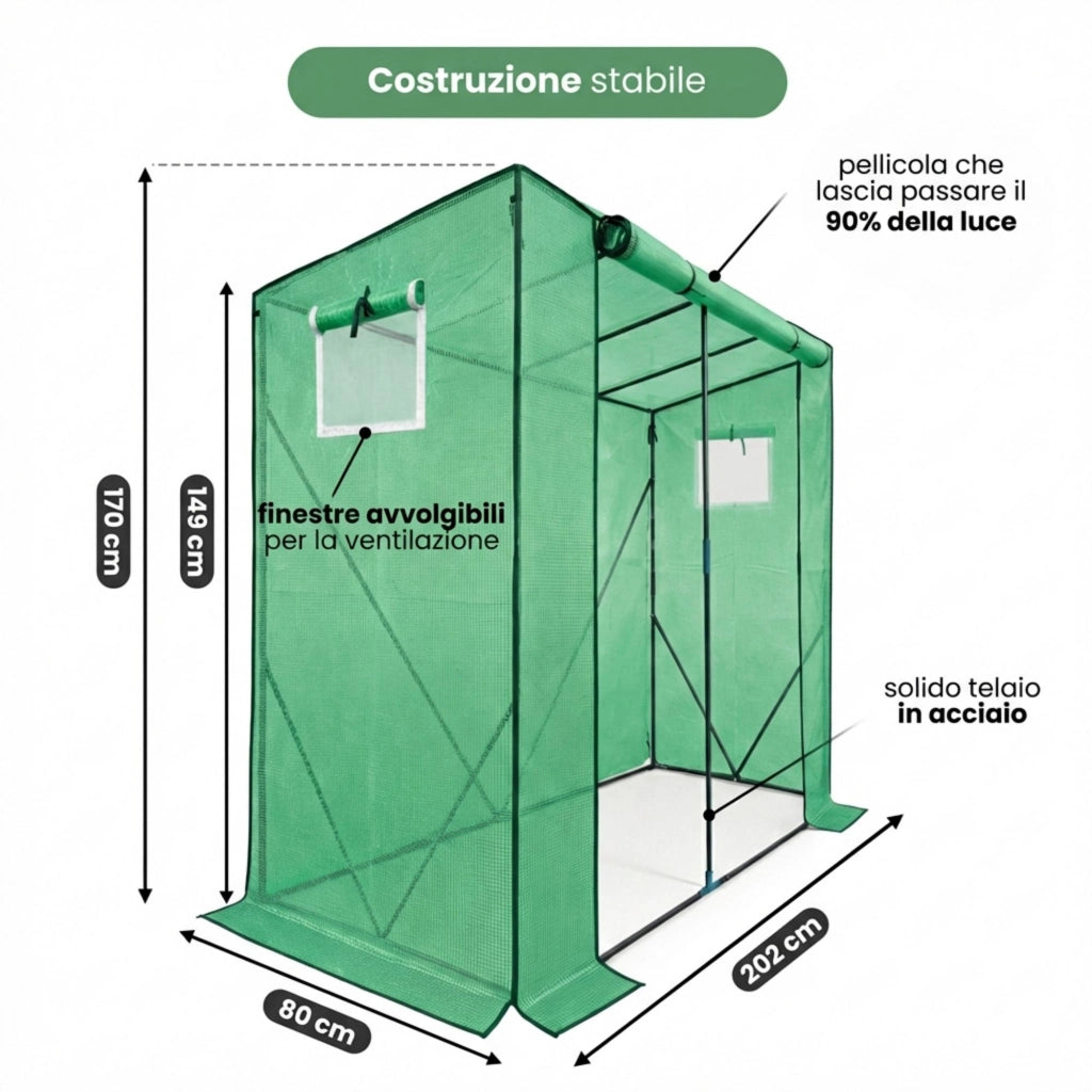 Serra da giardino a casetta con struttura in metallo e telo in PE 1 porta 2 finestre Verde 202x80x170 cm