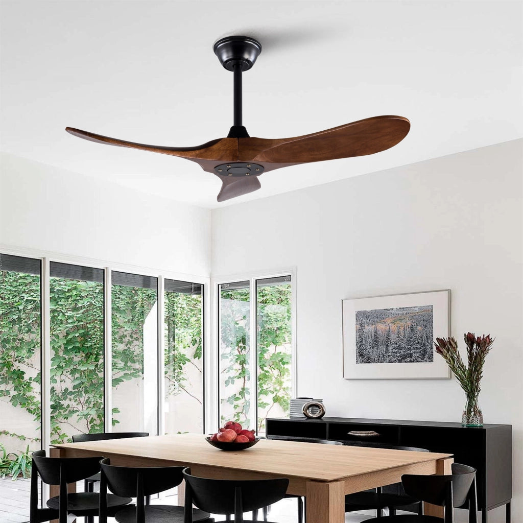 Ventilatore da soffitto 42 pollici, 3 pale legno, design ad elica, funzione memoria, telecomando, finitura noce, per terrazze e soggiorni