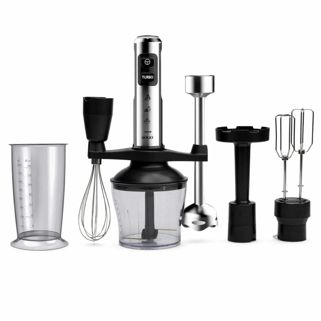 Frullatore a immersione 1500W con tritatutto 650ml, 23 velocità e lame titanio con accessori completi - Sogo