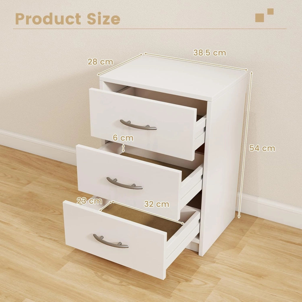 Camera da Letto con 3 Cassetti, Tavolino da Letto Multiuso con Ampio Spazio di Archiviazione, Carino Comodino per Soggiorno, Camera da Letto, Ufficio, 38,5 x 28 x 54 cm