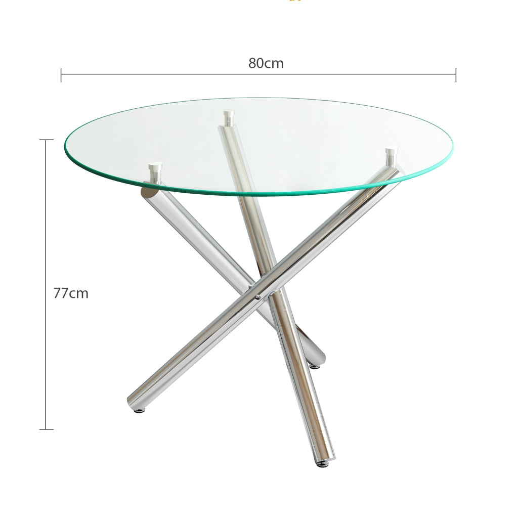 Tavolo da pranzo rotondo con piano in vetro temperato e gambe in metallo, per 2-4 persone, argento, 80 × 80 × 76 cm