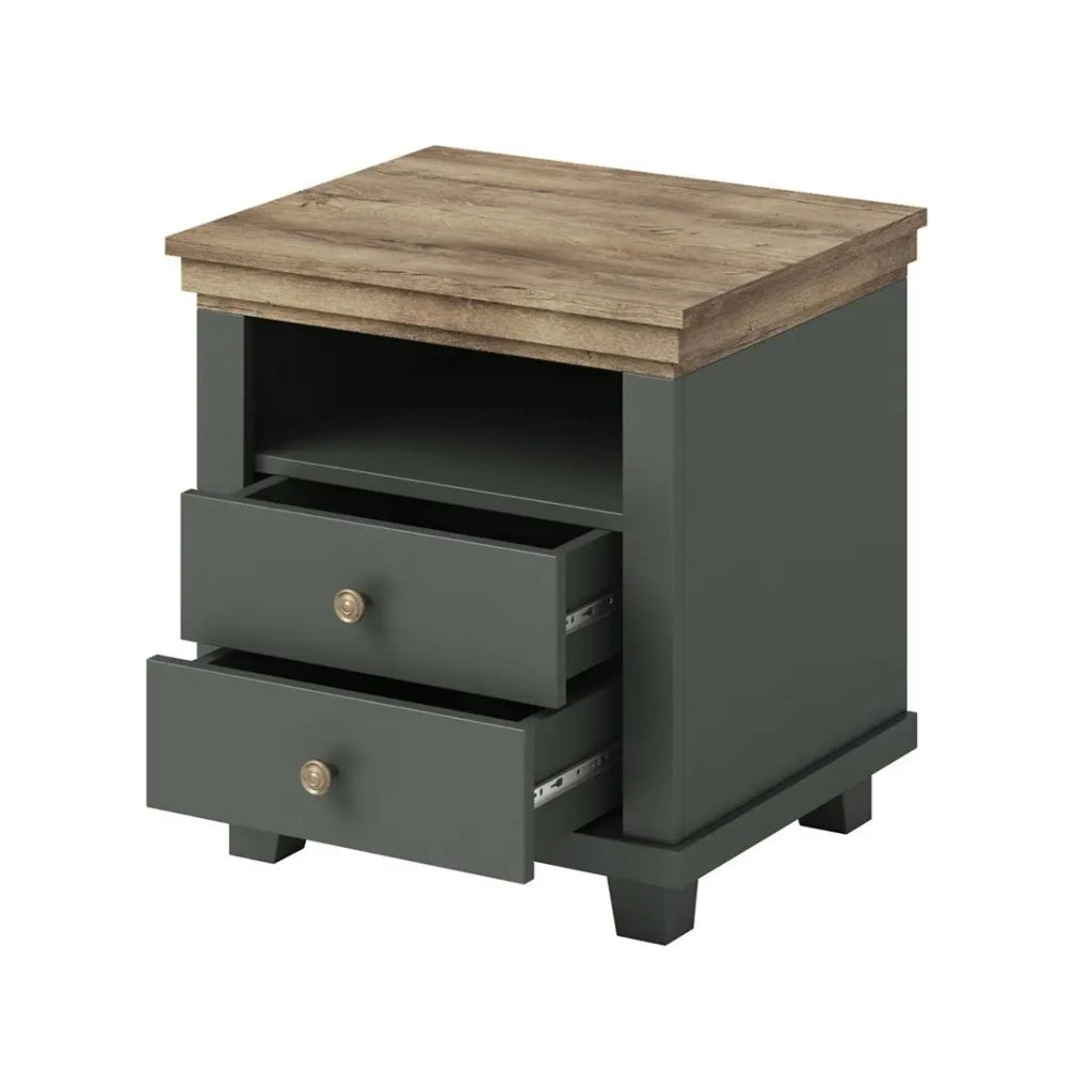 Tavolino da notte ASSIA – 2 cassetti + 1 nicchia – Verde kaki e quercia – Stile contemporaneo