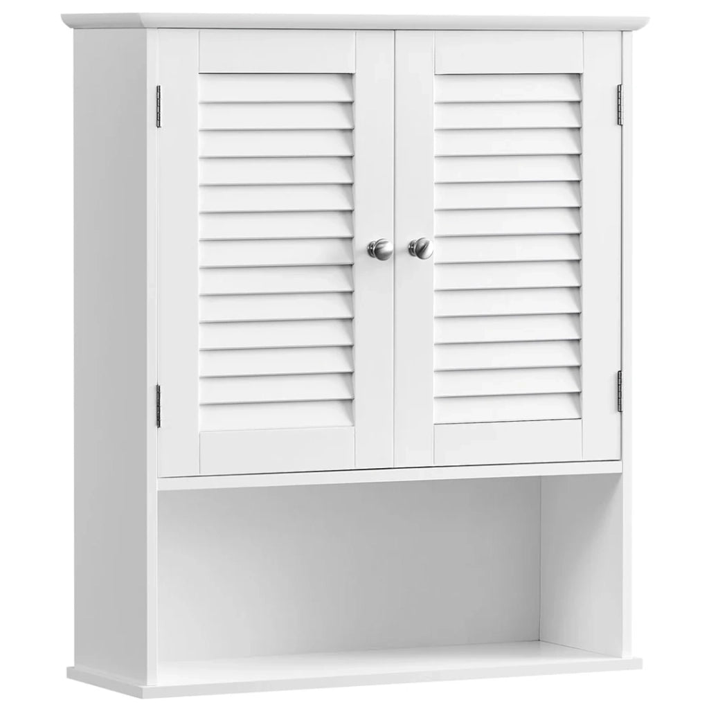 Mobiletto portaoggetti da bagno/armadietto portamedicinali a parete con ripiano regolabile doppia anta e ripiano aperto 60 x 20 x 70 cm finitura legno bianco 12_0006515