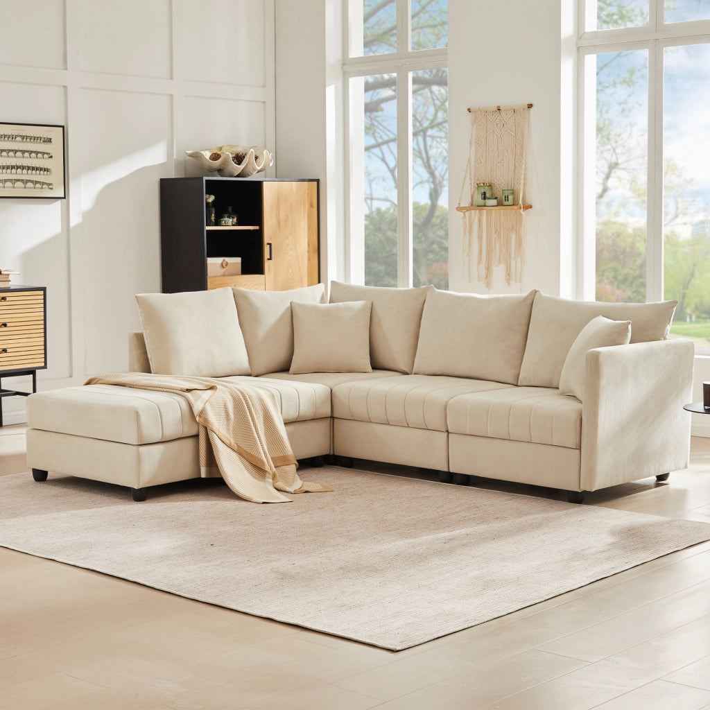 DIVANO Modulare 5 Posti 220x194x85 cm Beige con Pouf Mobile