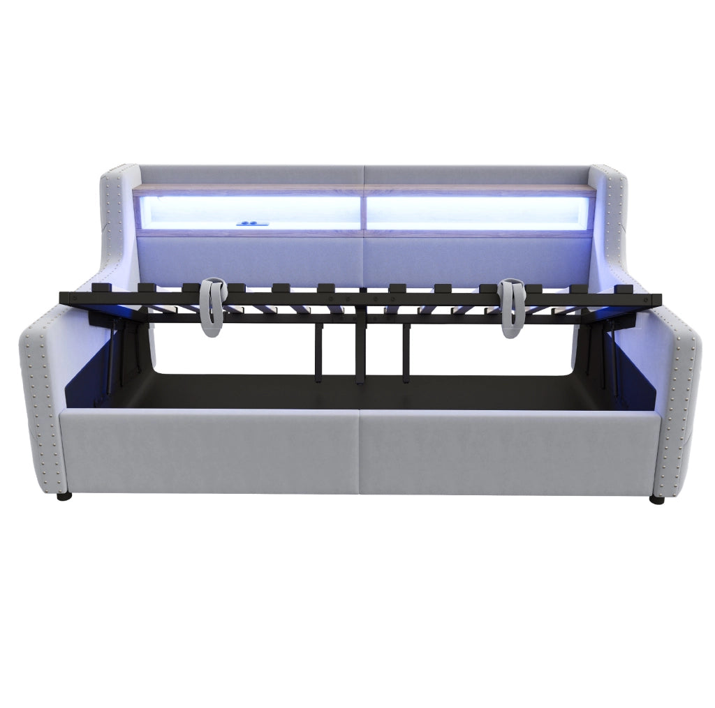 Divano letto 90 x 200 cm con contenitore, LED e prese integrate