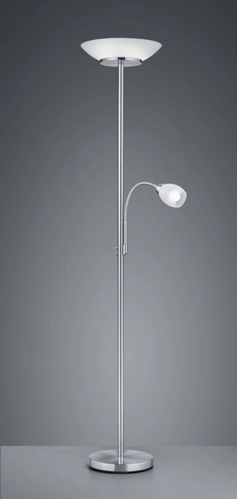 GERRY PIANTANA CON LAMPADA DA LETTURA METALLO ACCIAIO SATINATO CON DIFFUSORI VETRO BIANCO H. 180CM 2 LUCI ATTACCO E27 E E14