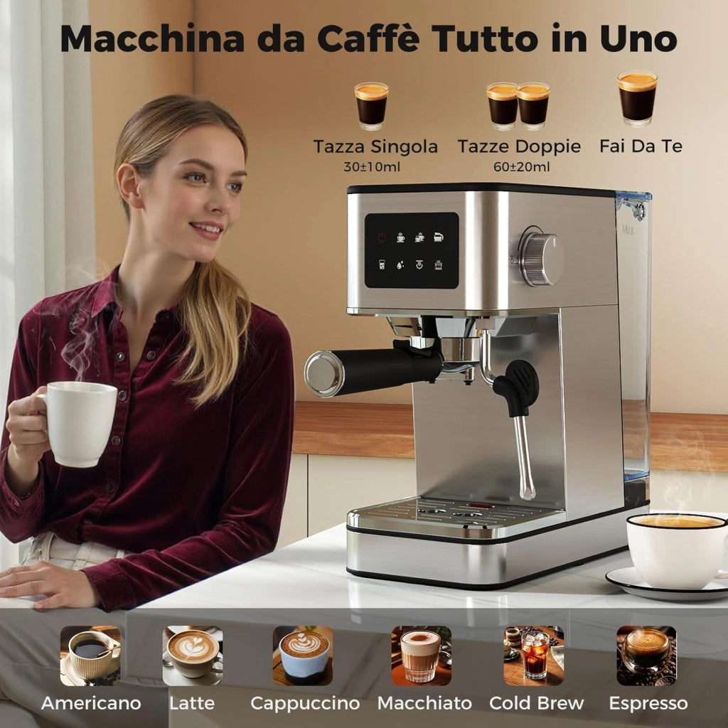 Macchina da caffè Automatica, Schermo a Sfioramento, Macchina per Espresso in Acciaio Inossidabile per Cappuccino Latte Macchiato, 26 x 21 x 28 cm