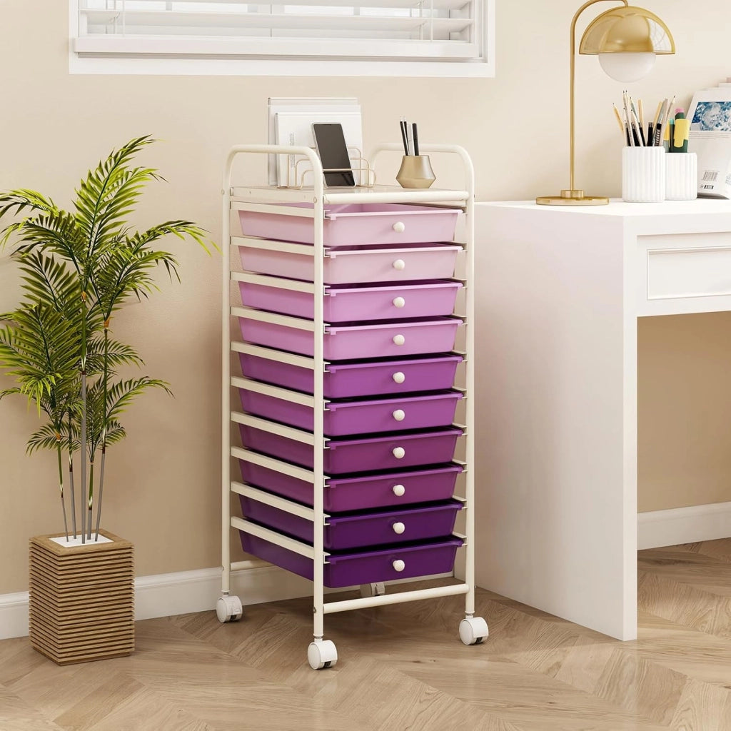 Carrello con 10 Cassetti da Stoccaggio, Cassettiera di Metallo e Plastica, Contenitore Multiuso con Ruote a Freno, per Casa e Ufficio (Viola)