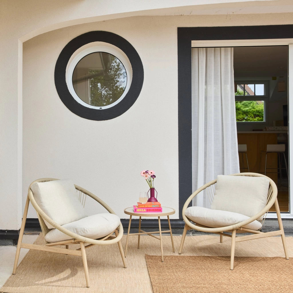 Set 2 poltrone da giardino con tavolo in acciaio e rattan, beige