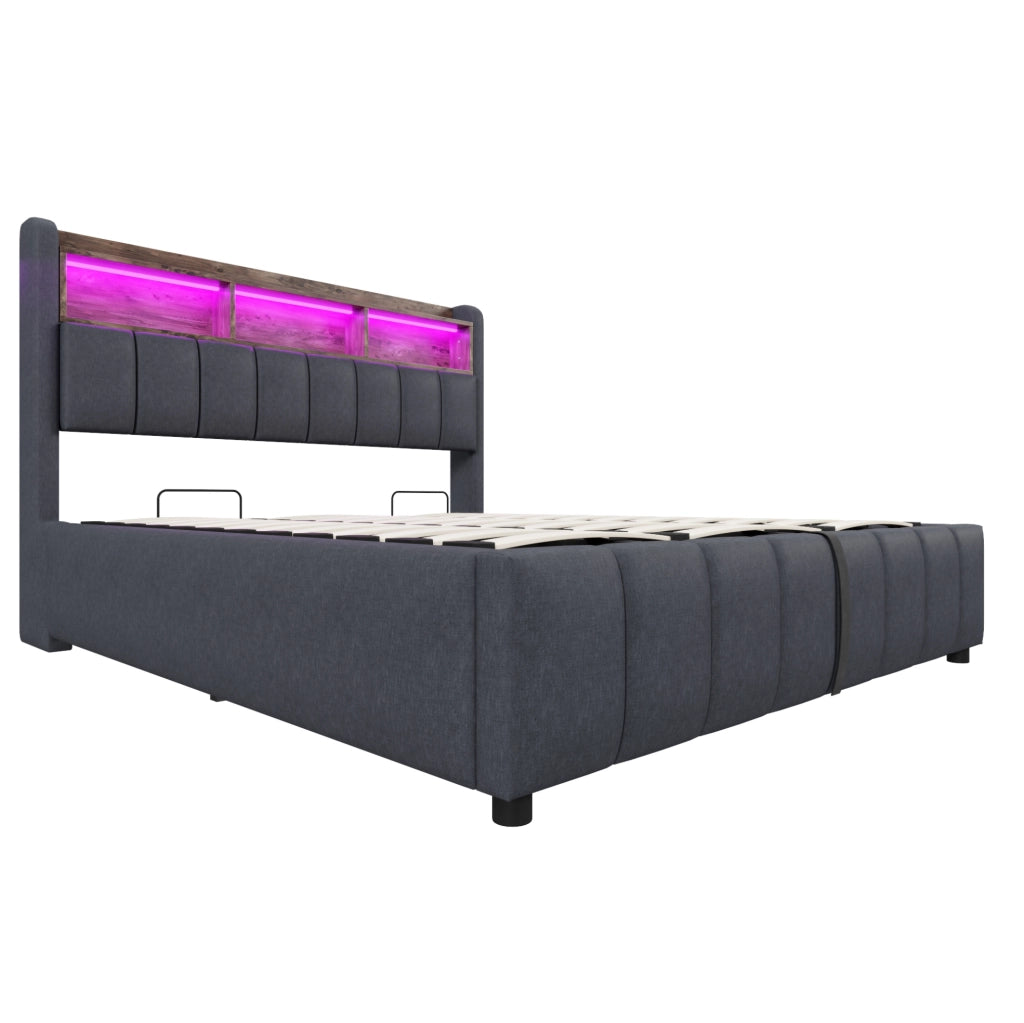Letto imbottito 180x200 cm con LED; contenitore e USB in lino grigio