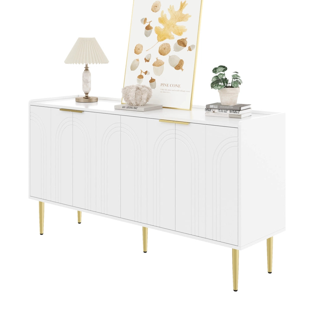 Sideboard 140x38x75 cm con 4 ante; ripiani regolabili; MDF; bianco