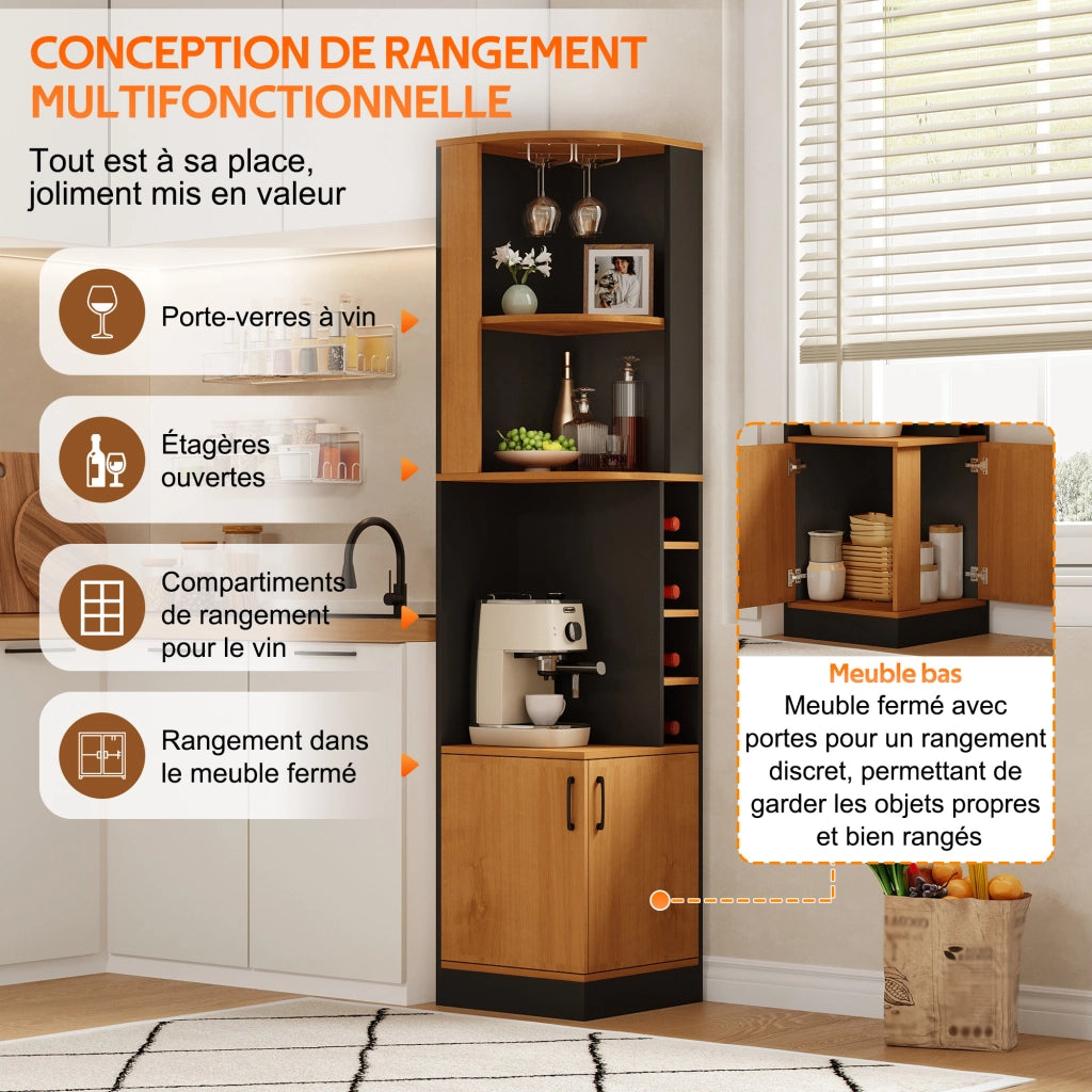 Credenza angolare portabottiglie con portabicchieri e 4 vani per cucina e soggiorno; in MDF; nero; 40 × 40 × 182 cm