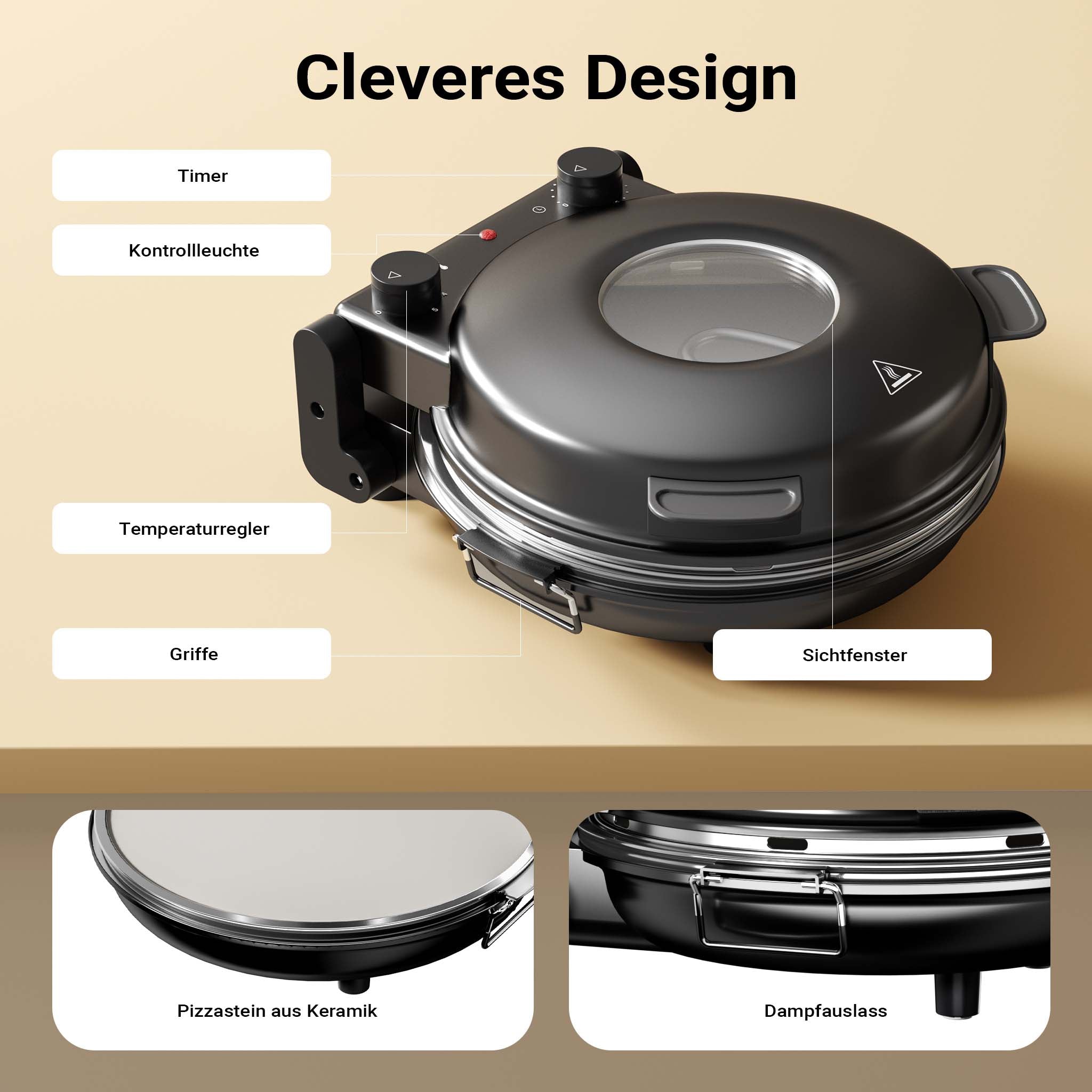 Forno pizza elettrico Ø32cm max 400°, con pietra refrattaria, vetro di controllo e timer