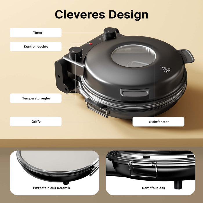 Forno pizza elettrico Ø32cm max 400°, con pietra refrattaria, vetro di controllo e timer