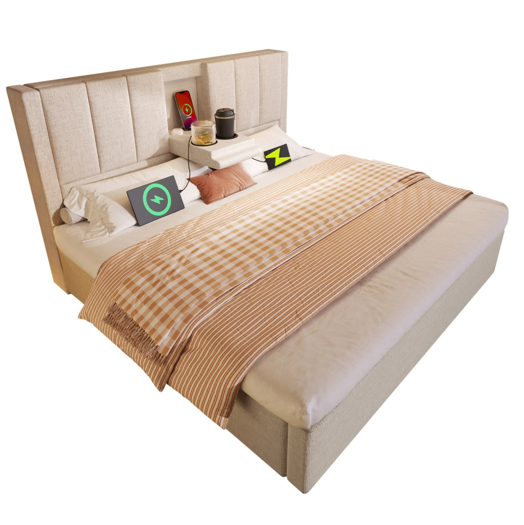 Letto matrimoniale imbottito 140x200 cm in lino beige con contenitore; presa di ricarica e portabicchieri