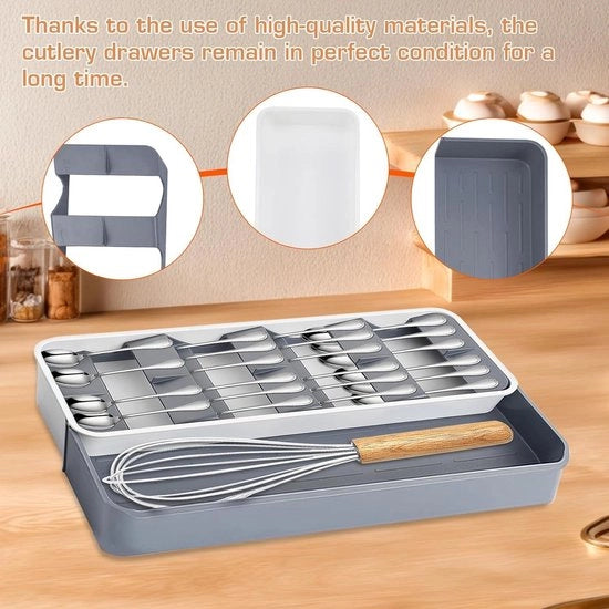 Organizzatore per la dispensa della cucina - Contenitore di plastica espandibile bianco/grigio - 39 x 226 x 55 cm - Organizzatore per cucchiai, forchette, coltelli in HTML - Contenuto necessario.
