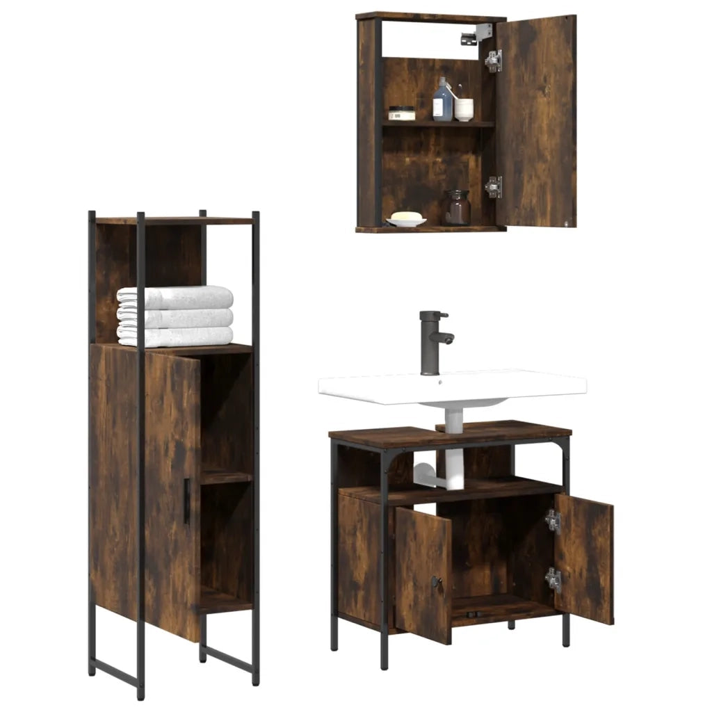 Set Mobili da Bagno 3 pz Rovere Fumo in Legno Multistrato 3214817