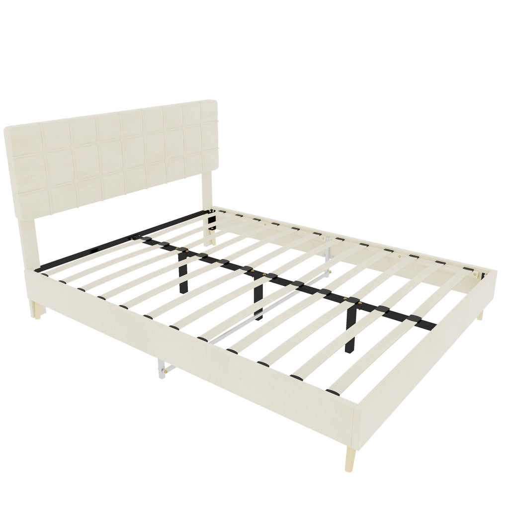 Letto 160x200 cm con testiera trapuntata in velluto beige