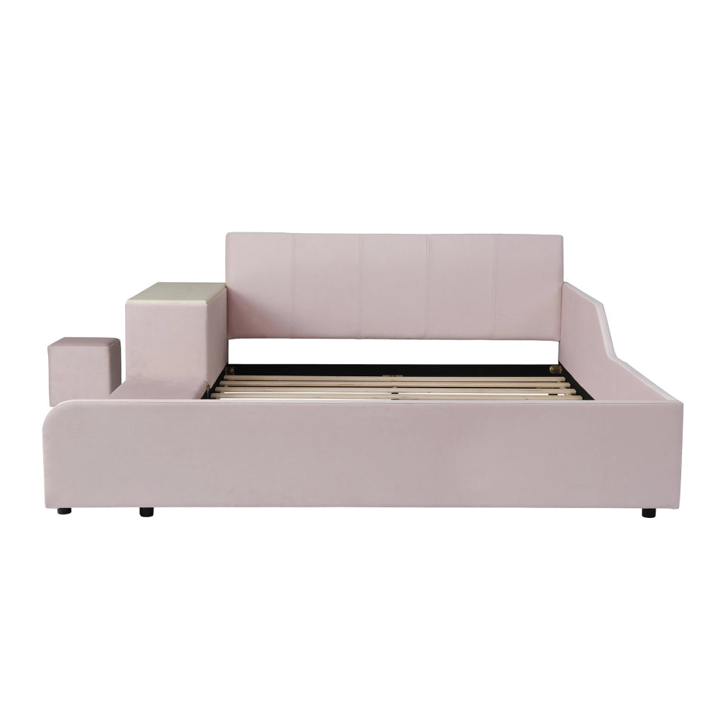 Letto imbottito 140x200 cm con scrivania; sgabello e ripiano in velluto rosa